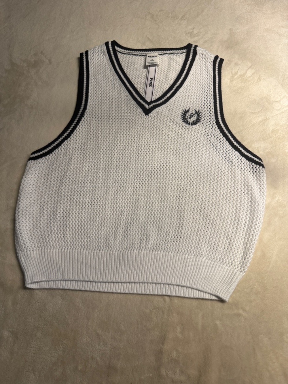 PINK Victoria's Secret White Knit V-Neck Sweater Vest with Black Trim